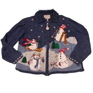 Snowmen at Play Embroidered Beaded Ruffle Neck Zip Front Cardigan Blue Medium